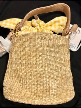 LC Lauren Conrad Yellow Gingham and Straw Drawstring  Crossbody-Small Bucket Bag